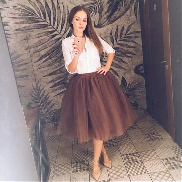 

high waist 7 layer midi tulle skirt tutu skirts womens petticoat elastic belt summer faldas saia jupe 2021, Black