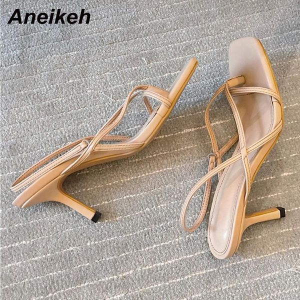 

aneikeh women shoes 2021 new pu stiletto heels sandal basic casual slip-on back strap narrow band party concise black size 35-39