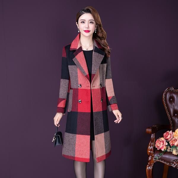 

women's wool & blends plaid cashmere coat mid-length high-end fashion woolen temperament outerwear, Black
