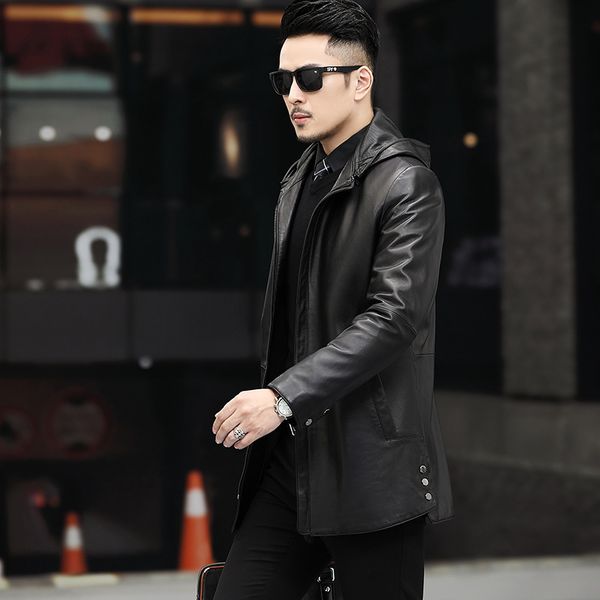 

2021 new leather jackets men remove hooded the first layer sheep medium length down jacket casual genuine windbreaker coat l 4xl 4w3v, Black