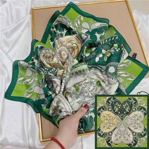 

scarves brand 2021 spring square scarf for women print silk feeling foulard female office neckerchief lady bandana luxury, Blue;gray