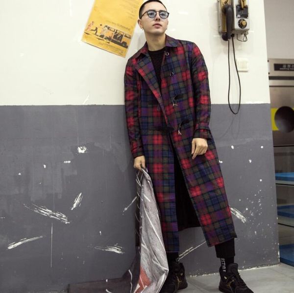 

men's trench coats 2021 high-quality plaid male coat casual slim long blazer jacket tide hip hop men windbreaker, Tan;black