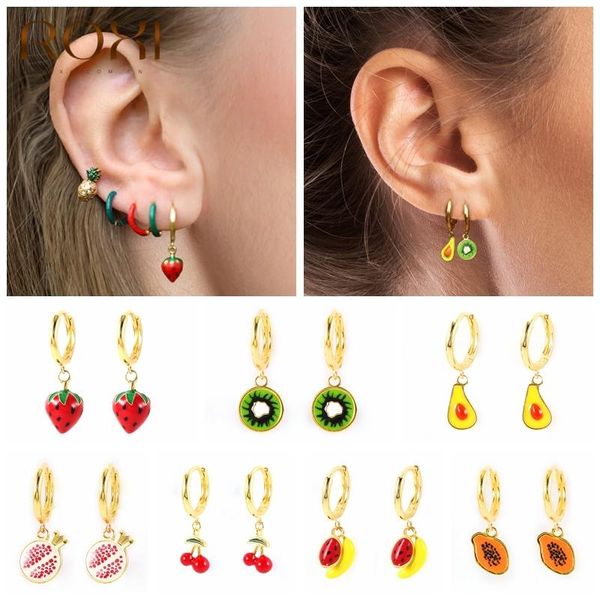 

hoop & huggie roxi design enamel pendants earrings for women cute fruit charms jewelry making diy cherry strawberry accessories, Golden;silver