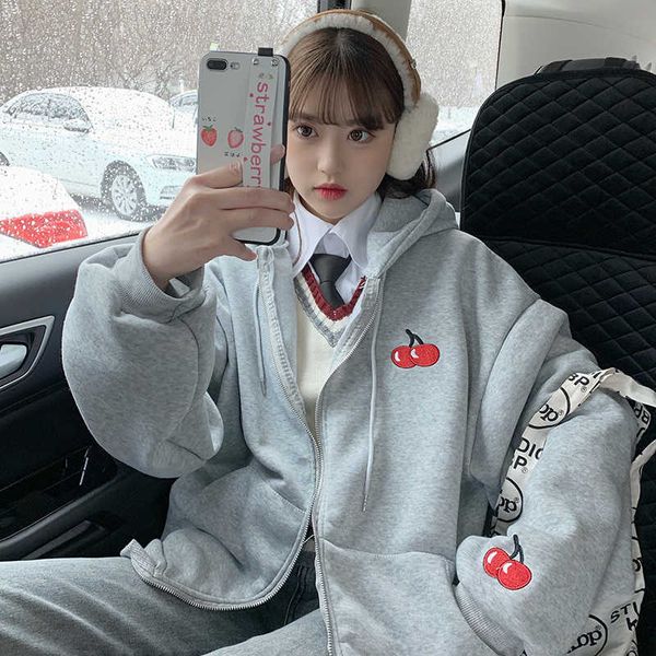 

autumn winter warm streetwear zip-up oversize sweatshirt women plus fleece hoodies jacket solid pocket thicken women outwear 210930, Black