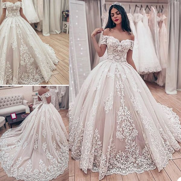 

luxury wedding dresses off shoulder lace appliques bridal gowns custom made lace-up back sweep train a line wedding dress, White