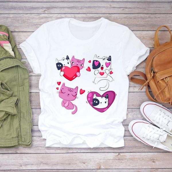 

cartoon cat animal love womens t shirts valentine fashion 90s print graphic shirt ladies female tee, White