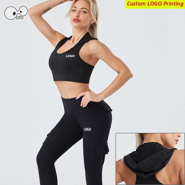 

yoga outfit quick dry elastic hooded sports bra+tights 2 pcs running set women gym fitness crop pants suit clothing custom