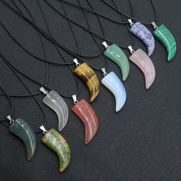 

natural stone gem carved ox horn shape pendant rose quartz crystal jade onyx necklace healing guardian jewelry for men rope chain, Silver