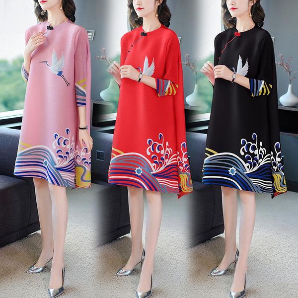 

casual dresses lady elegant retro cheongsam style miyak pleated loose dress vintage print buckle party women summer vestidos, Black;gray