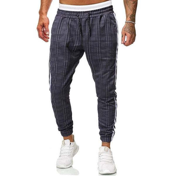 

men's pants mid-waist and small feet lace-up outdoor sports european american casual fashionable plaid trousers, Black