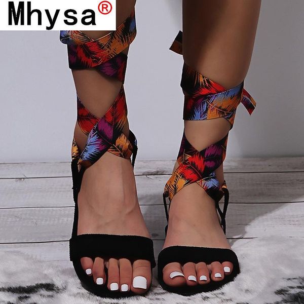 

sandals summer ethnic women 2021 fashion print lace corss-tied flat flock peep toe rubber sole outdoor comfortable beach, Black