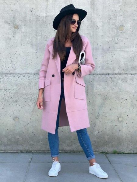 

women's wool & blends 2021 winter warm blend coat trench jacket black pocket female coats autumn elegant fashion ladies outerwear