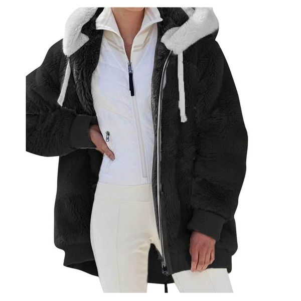 

women's hoodies & sweatshirts vintage plush autumn stitching pockets hooded pullover warm artificial wool sudaderas outwear, Black