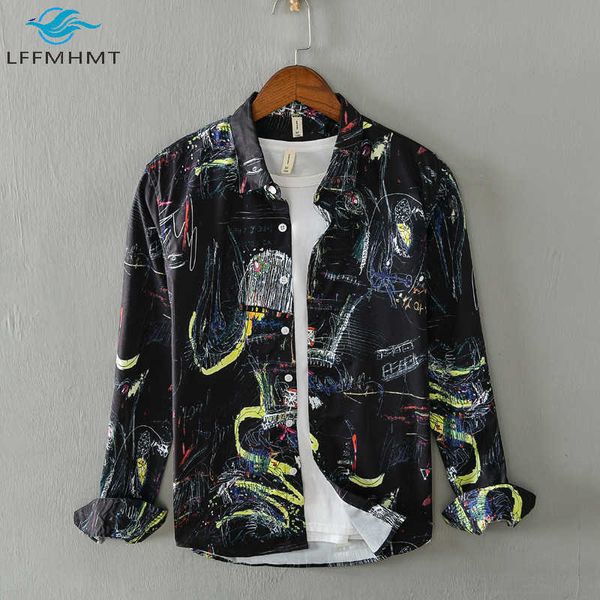 

men spring fall fashion graffiti print shirts long sleeve lapel casual slim fit hip hop streetwear male 210721, White;black