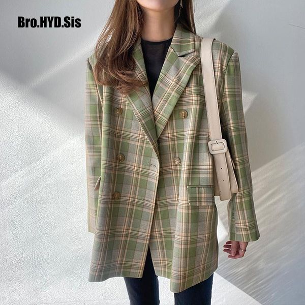 

women's suits & blazers vintage style women plaid blazer 2021 spring chic double breasted lady long sleeve loose fit ladies jackets, White;black