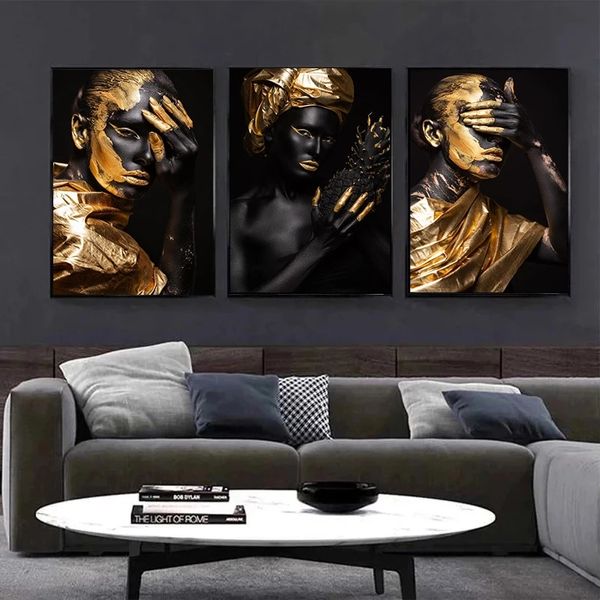 Afrika altın güzellik kızlar tuval boyama siyah kızlar makyaj posterler ve baskılar duvar sanatı resim oturma odası dekorasyon için