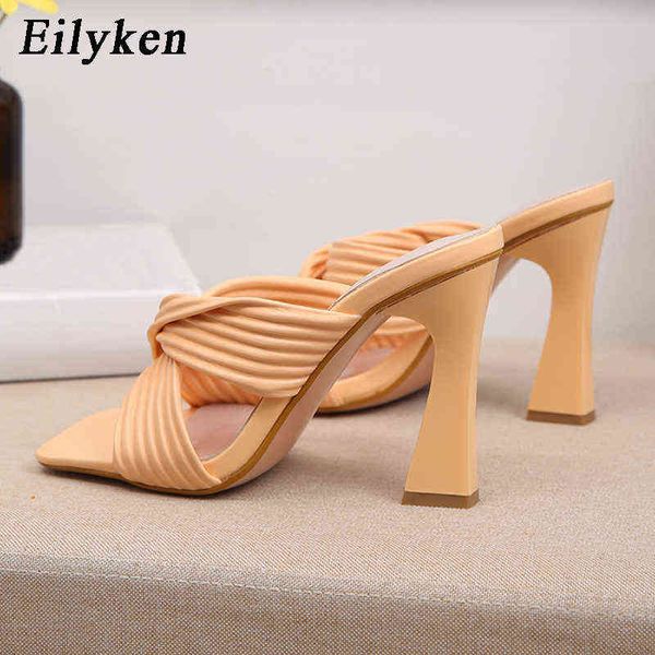

slippers eilyken new pleated women slipper fashion ladies high heel sandals cross narrow band slides summer shoes220308, Black