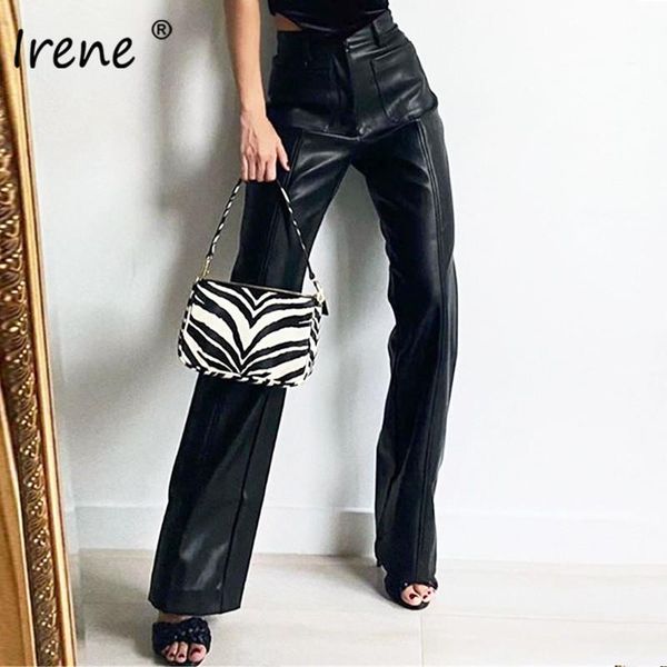 

irene 2021 women leather pants black fashion autumn winter pu high waist wide leg pants streetwear trouser with pockets, Black;white