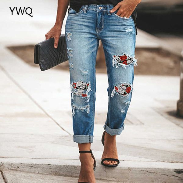 

women patchwork pencil pants high waist ripped boyfriend jeans streetwear vintage distressed hole mom jeans casual denim trouser 210616, Blue