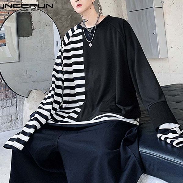 

new 2021 t shirt striped patchwork o neck long sleeve tee streetwear fashion baggy korean casual t-shirts men incerun s-5xl c0ir, White