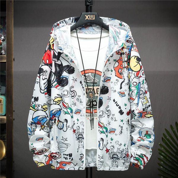 

men's jackets mens hooded jacket summer sun protection thin breathable cartoon graffiti coat casual outdoor sports male women, Black;brown