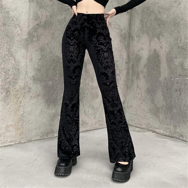 

y2k high waist boot cut women pant trousers vintage print gothic othic streetwear, Black;white