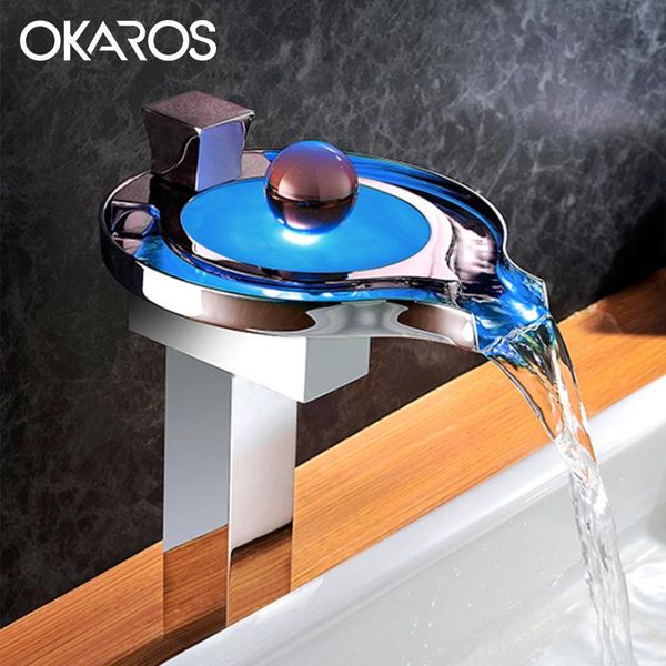 

bathroom sink faucets okaros noverty led basin faucet brass chrome finished waterfall water taps power tap mixer torneira
