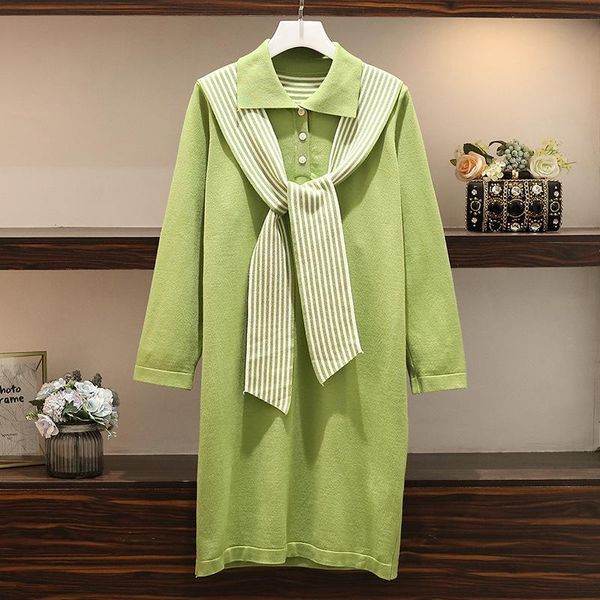 

casual dresses l-3xl plus size women knitted sweater dress autumn winter 2021 fashion striped scarf patchwork long sleeve loose, Black;gray
