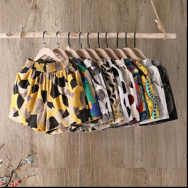 

women shorts summer casual printed cotton linen shorts high waist loose shorts for girls soft cool female short m 4xl, White;black