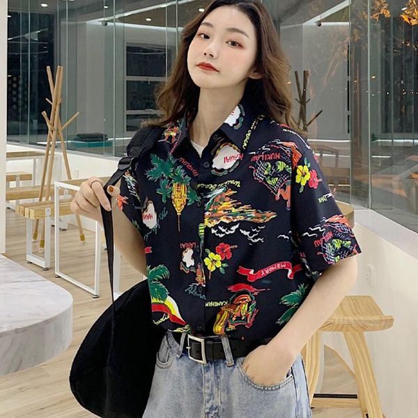 

women's blouses & shirts women spring summer print loose ladies short sleeve lapel casual chiffon fashion, White
