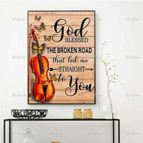 

paintings guitar butterflies god blessed the broken road poster,most iconic quotes, wall art prints home decor canvas gift floating frame