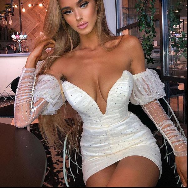 

white mesh sequin long sleeve dress women mini night club party dress backless v neck bodycon summer dress vestido, Black;gray