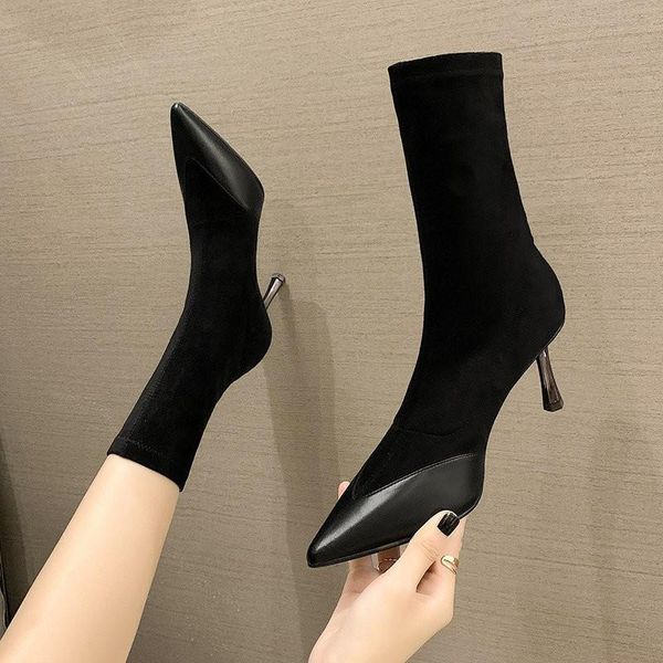 

boots lack high heels women shoes suede short winter pointed toe, Black