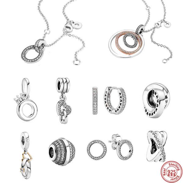

s925 silver heart wrong circle three-ring multi-ring pendant double-sided pan beads charm earring necklace fit women jewelry, Golden