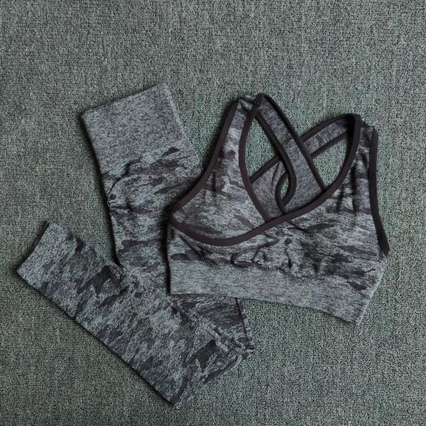 

yoga outfit 2pcs set seamless camouflage women fitness clothing sports wear gym leggings padded push up strappy bra suits