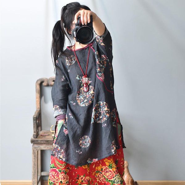 

ethnic clothing women loose ramie long shirt ladies vintage printed spring autumn print shirts female blouse 2021, Red