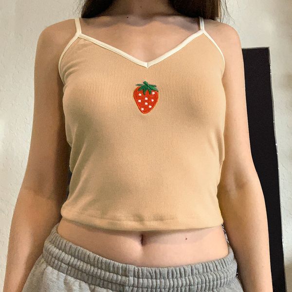 

2021 summer fashion sweet cute strawberry embroidered camisole women v neck slim fit tank holiday casual crop top, Black