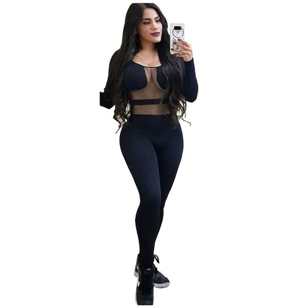 

women's jumpsuits & rompers beach style mesh spliced lady full sleeve skinny black catsuits length sports, Black;white