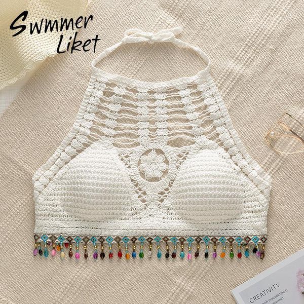 

halter swimwear female crochet bikini padded tassel beach wear white hollow out bikinis 2021 mujer folk-custom summer women's, White;black