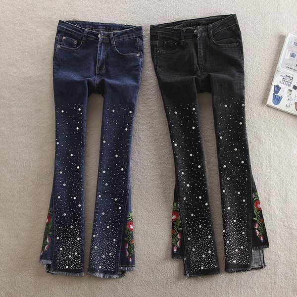 

women's jeans high-quality micro-la nine-point pants korean tide wide-foot flared women embroidery flowers stretch, Blue