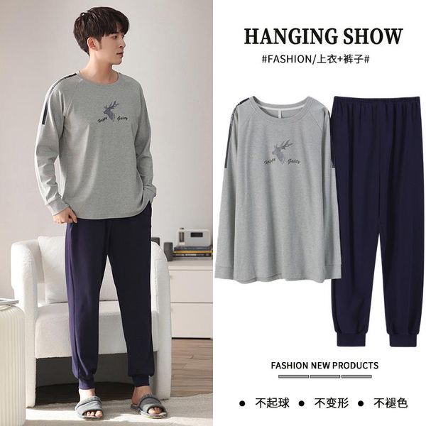 

men's sleepwear autumn winter trendy print pajamas set comfort soft 100% cotton long sleeve + pants outdoor loungewear plus size 4xl, Black;brown