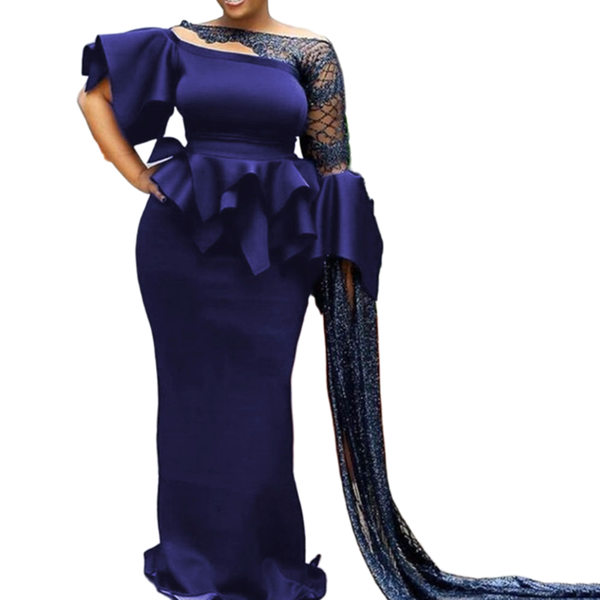 

casual dresses dark blue plus size elegant dress for party evening chic irregular ruffle peplum long vestidos mesh hollow maxi, Black;gray