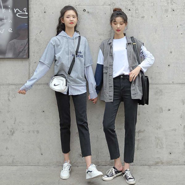 

straight 9653# black jeans women's autumn new style lace capris stretch pants, Blue