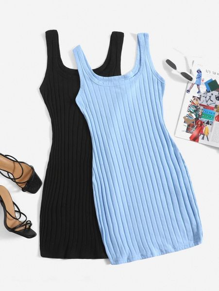 

2pcs solid ribbed knit tank dress w7tv#, Black;gray