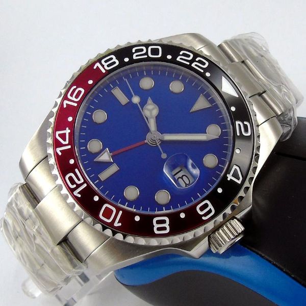 

wristwatches 40mm blue sterile dial sapphire glass date gmt black red bezel luminous case back automatic movement mens watch, Slivery;brown