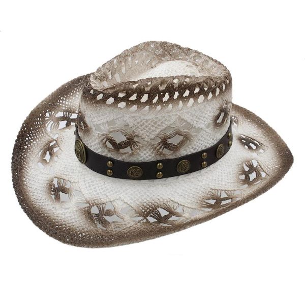 

cloches women men western cowboy hat with punk anchor band handmade weave lady gentleman beach sun sombrero cowgirl size 58cm, Blue;gray