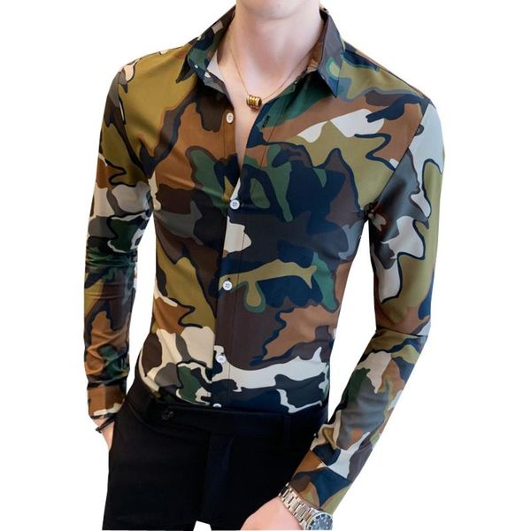 

men's camouflage long sleeve slim fit streetwear casual shirts handsome personality party nightclub social clothes blouses, White;black
