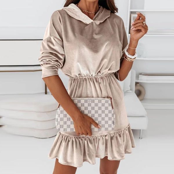 

casual dresses women elegant velvet ruffle party dress fashion long sleeve hooded lady mini 2021 autumn elastic waist solid, Black;gray