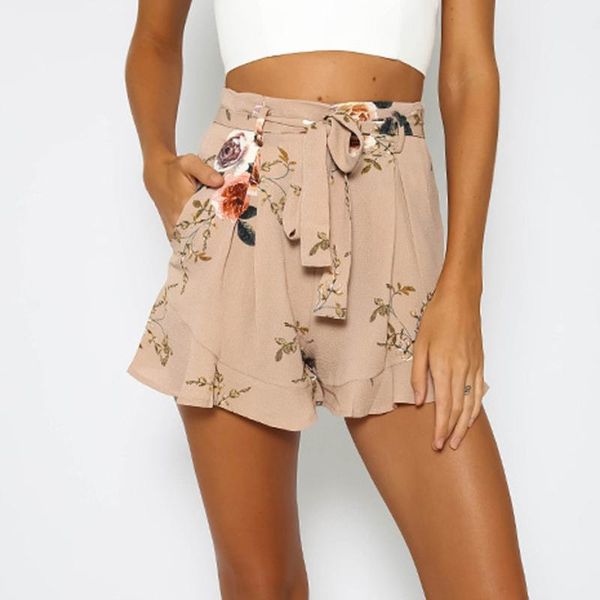 

women's shorts 2021 women summer casual cotton linen skirt ruffle floral print zipper short pants #6.11, White;black