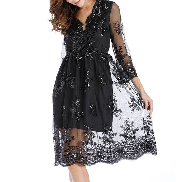 

2019 spring women sequined v neck high waist a line dress club half sleeve floral knee length dress fashion dress, Black;gray